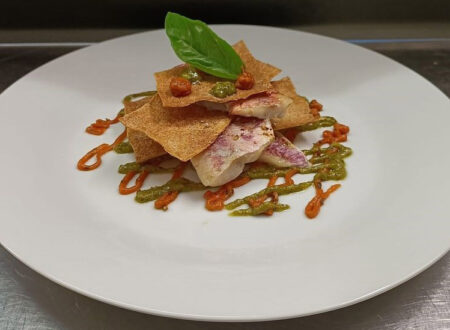 Red mullet mille-feuille with two pestos