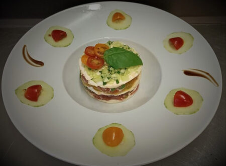 Three-color tomato and Burrata mille-feuille